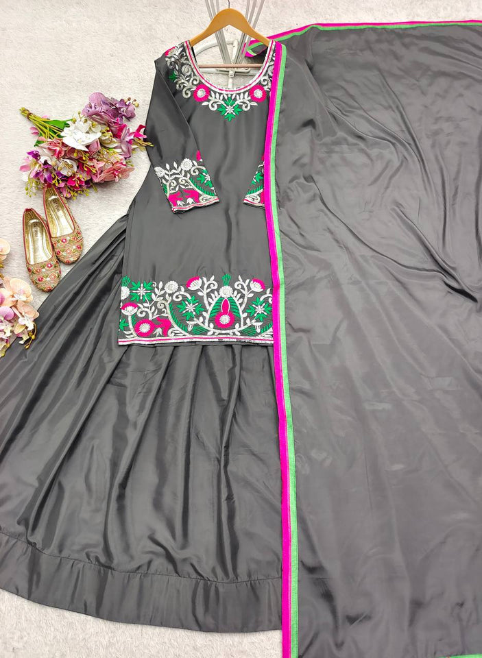 Presenting New Collection Pure Natural Satin Silk Top-Lehenga and Dupatta Set Fully Stitched Ready To Wear 🔥😍🥰*