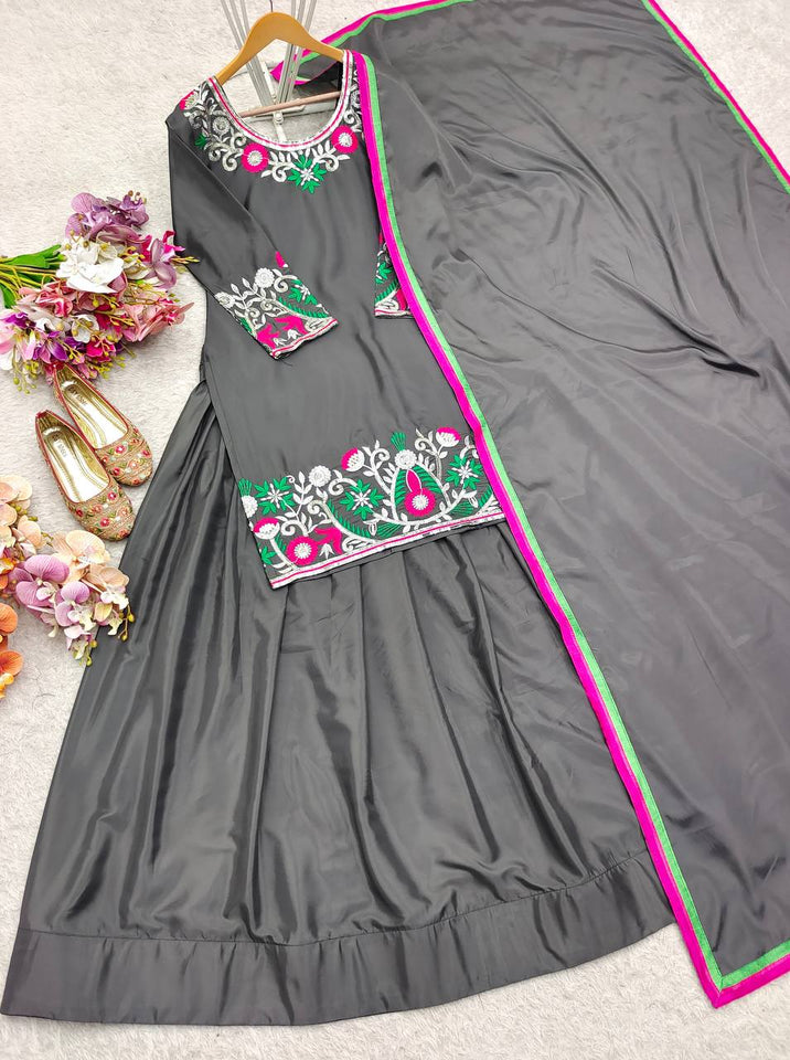 Presenting New Collection Pure Natural Satin Silk Top-Lehenga and Dupatta Set Fully Stitched Ready To Wear 🔥😍🥰*