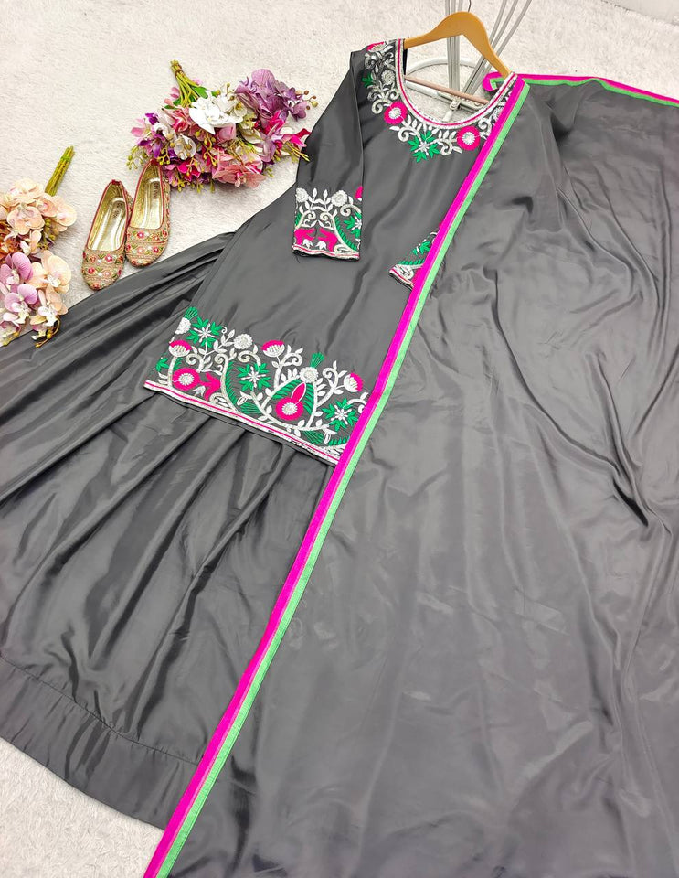 Presenting New Collection Pure Natural Satin Silk Top-Lehenga and Dupatta Set Fully Stitched Ready To Wear 🔥😍🥰*
