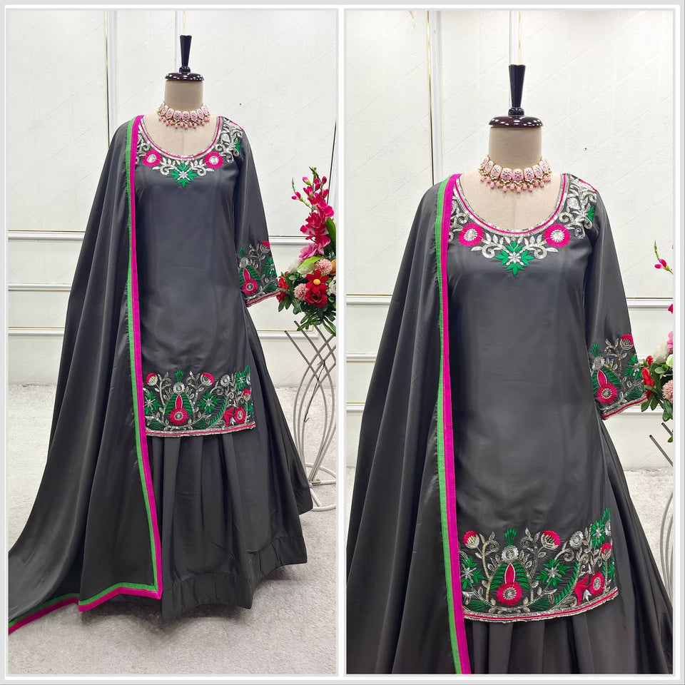 Presenting New Collection Pure Natural Satin Silk Top-Lehenga and Dupatta Set Fully Stitched Ready To Wear 🔥😍🥰*