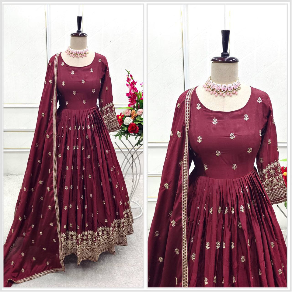 Presenting New Collection Heavy Pure Cinon Silk Gown -Pent  Dupatta Set Fully Stitched Ready To Wear