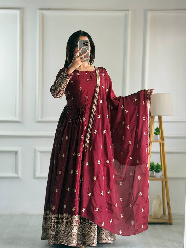 Presenting New Collection Heavy Pure Cinon Silk Gown -Pent  Dupatta Set Fully Stitched Ready To Wear