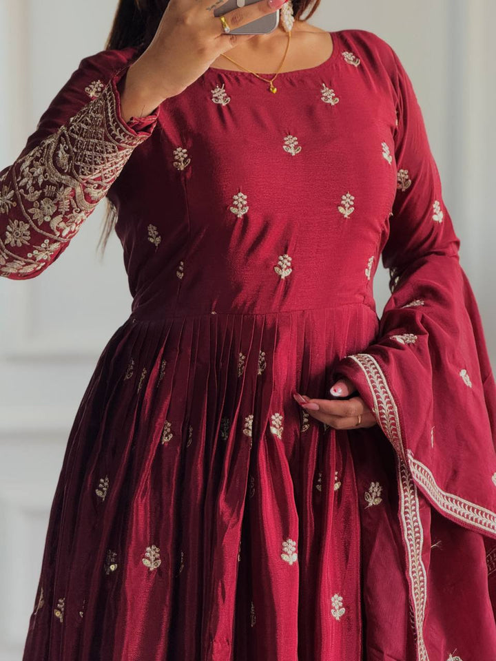 Presenting New Collection Heavy Pure Cinon Silk Gown -Pent  Dupatta Set Fully Stitched Ready To Wear