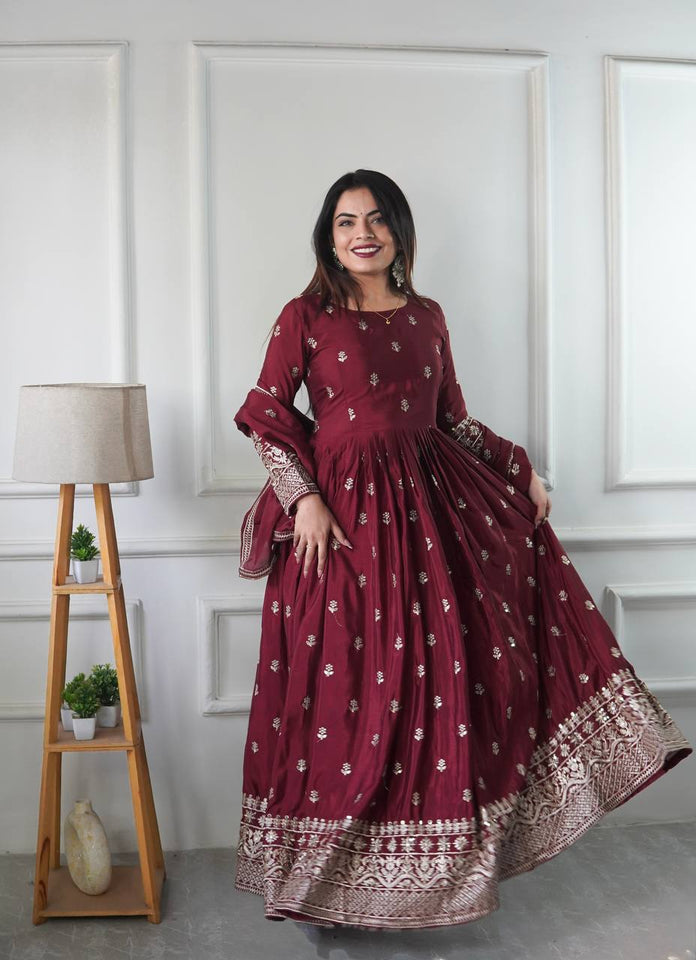 Presenting New Collection Heavy Pure Cinon Silk Gown -Pent  Dupatta Set Fully Stitched Ready To Wear