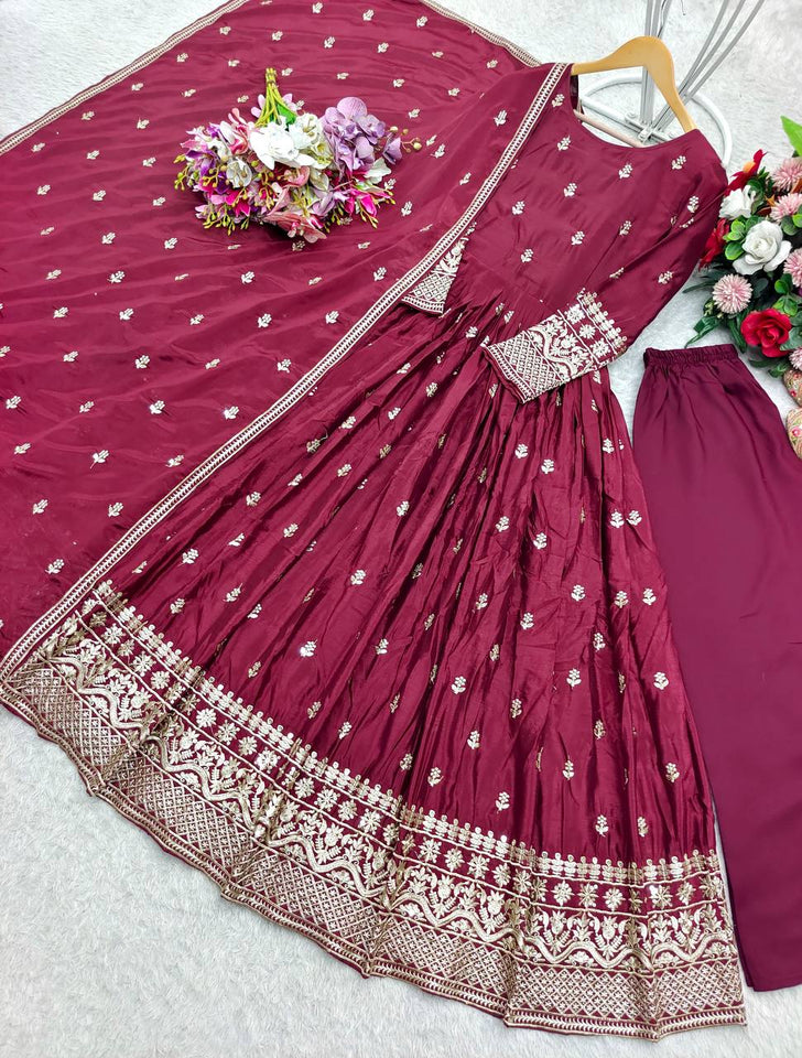Presenting New Collection Heavy Pure Cinon Silk Gown -Pent  Dupatta Set Fully Stitched Ready To Wear