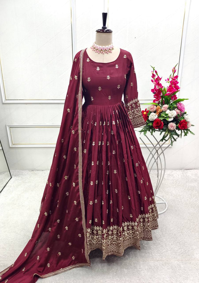 Presenting New Collection Heavy Pure Cinon Silk Gown -Pent  Dupatta Set Fully Stitched Ready To Wear