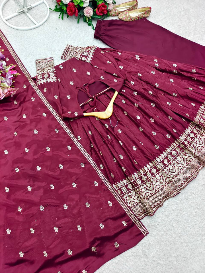 Presenting New Collection Heavy Pure Cinon Silk Gown -Pent  Dupatta Set Fully Stitched Ready To Wear