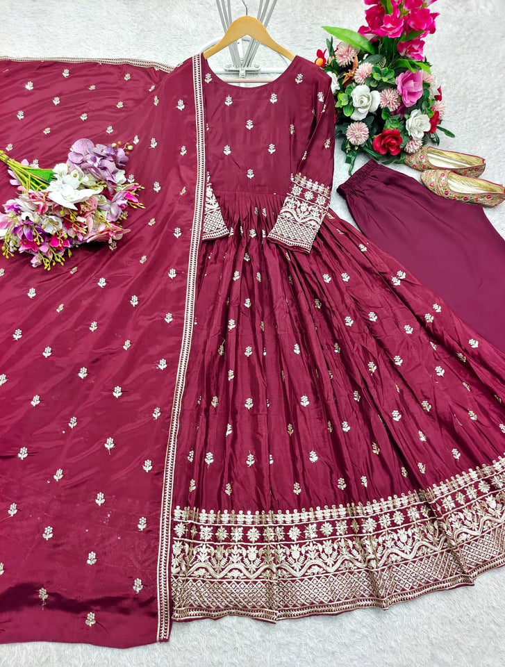 Presenting New Collection Heavy Pure Cinon Silk Gown -Pent  Dupatta Set Fully Stitched Ready To Wear