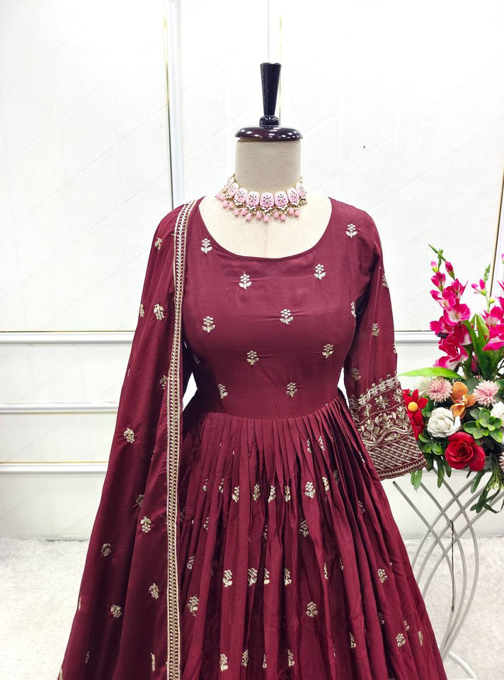 Presenting New Collection Heavy Pure Cinon Silk Gown -Pent  Dupatta Set Fully Stitched Ready To Wear