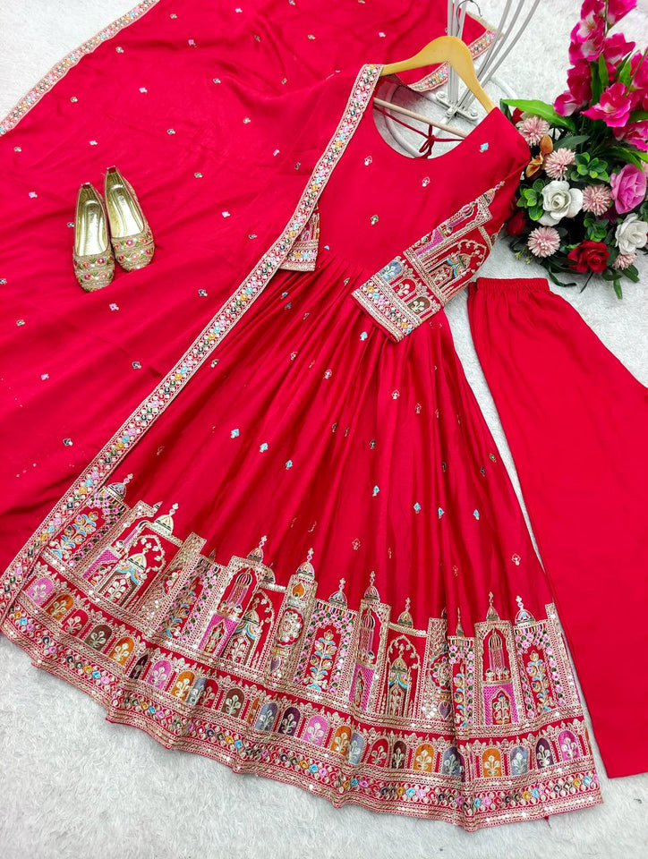 Presenting New Collection Heavy Pure Cinon Silk Gown -Pent  Dupatta Set Fully Stitched Ready To Wear