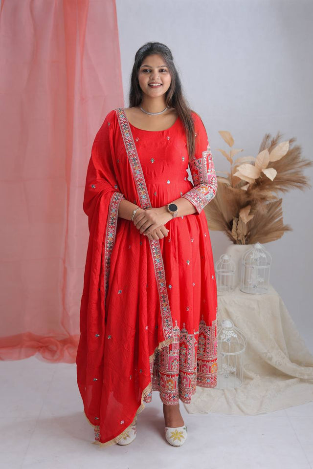 Presenting New Collection Heavy Pure Cinon Silk Gown -Pent  Dupatta Set Fully Stitched Ready To Wear
