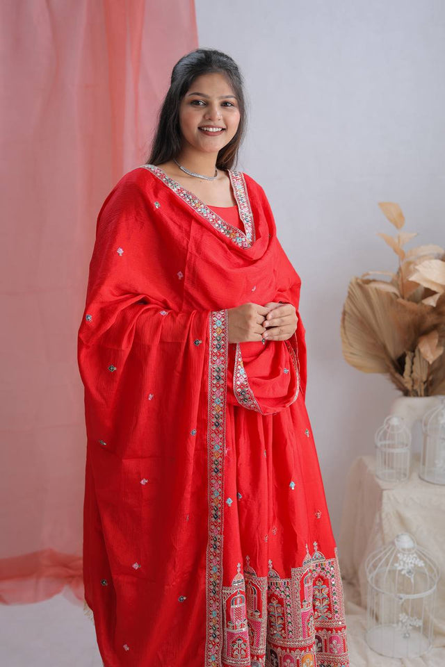 Presenting New Collection Heavy Pure Cinon Silk Gown -Pent  Dupatta Set Fully Stitched Ready To Wear