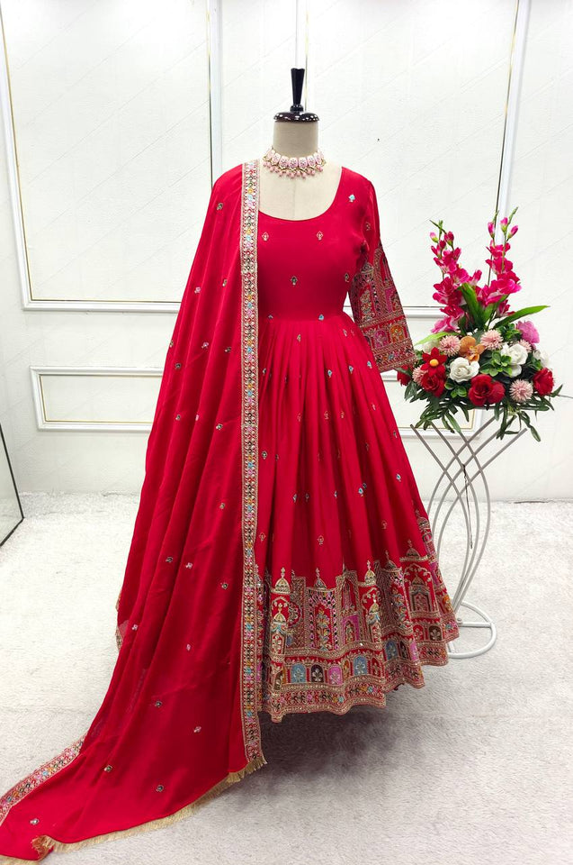 Presenting New Collection Heavy Pure Cinon Silk Gown -Pent  Dupatta Set Fully Stitched Ready To Wear