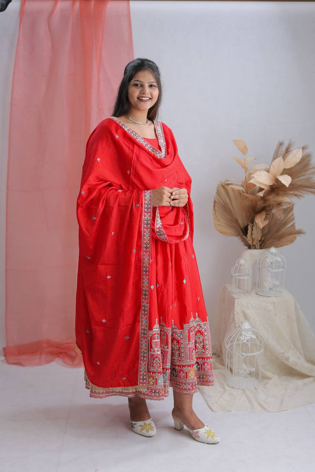 Presenting New Collection Heavy Pure Cinon Silk Gown -Pent  Dupatta Set Fully Stitched Ready To Wear