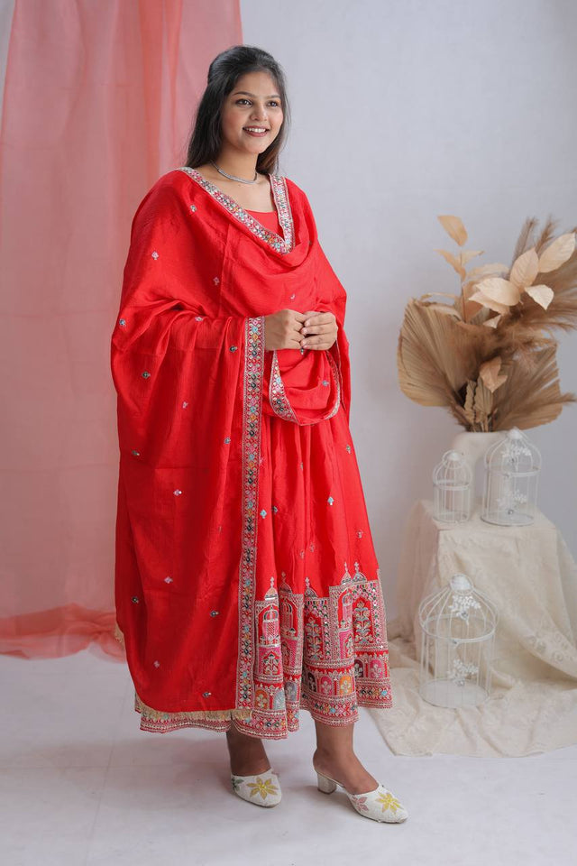 Presenting New Collection Heavy Pure Cinon Silk Gown -Pent  Dupatta Set Fully Stitched Ready To Wear
