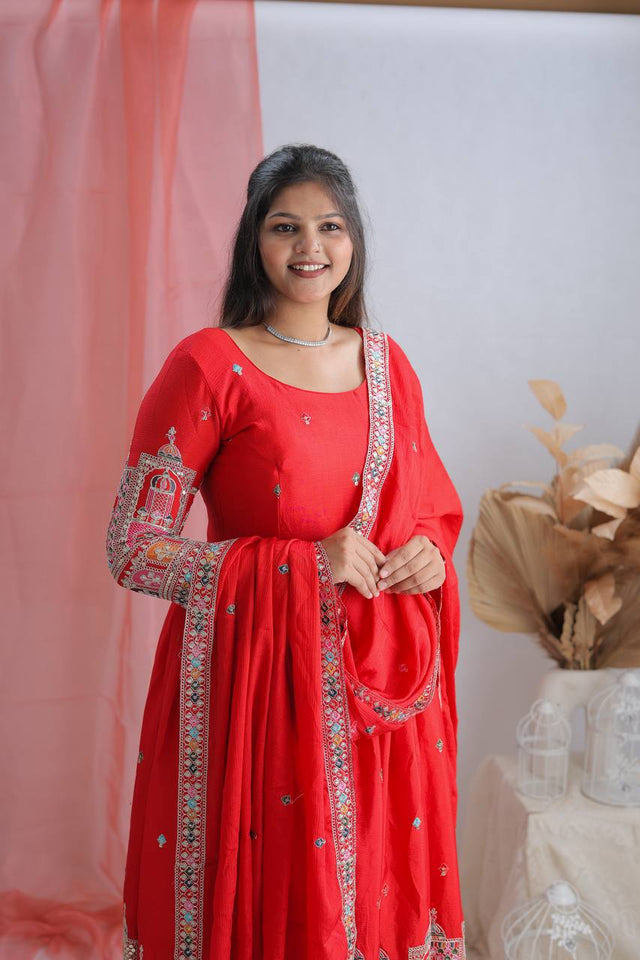 Presenting New Collection Heavy Pure Cinon Silk Gown -Pent  Dupatta Set Fully Stitched Ready To Wear
