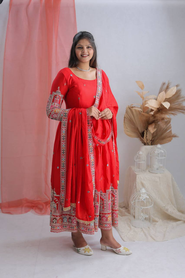 Presenting New Collection Heavy Pure Cinon Silk Gown -Pent  Dupatta Set Fully Stitched Ready To Wear