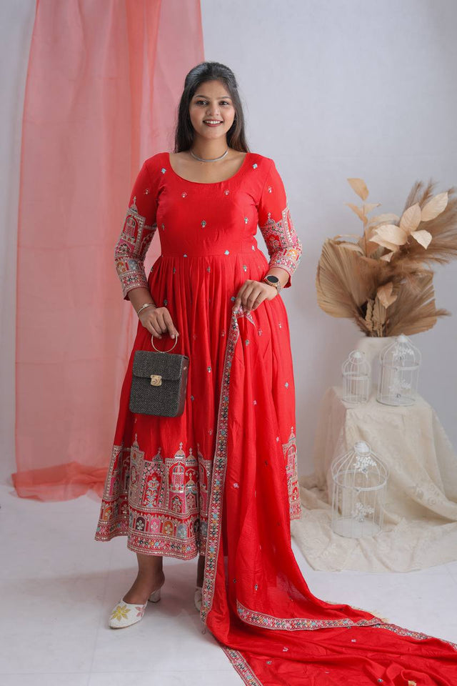 Presenting New Collection Heavy Pure Cinon Silk Gown -Pent  Dupatta Set Fully Stitched Ready To Wear