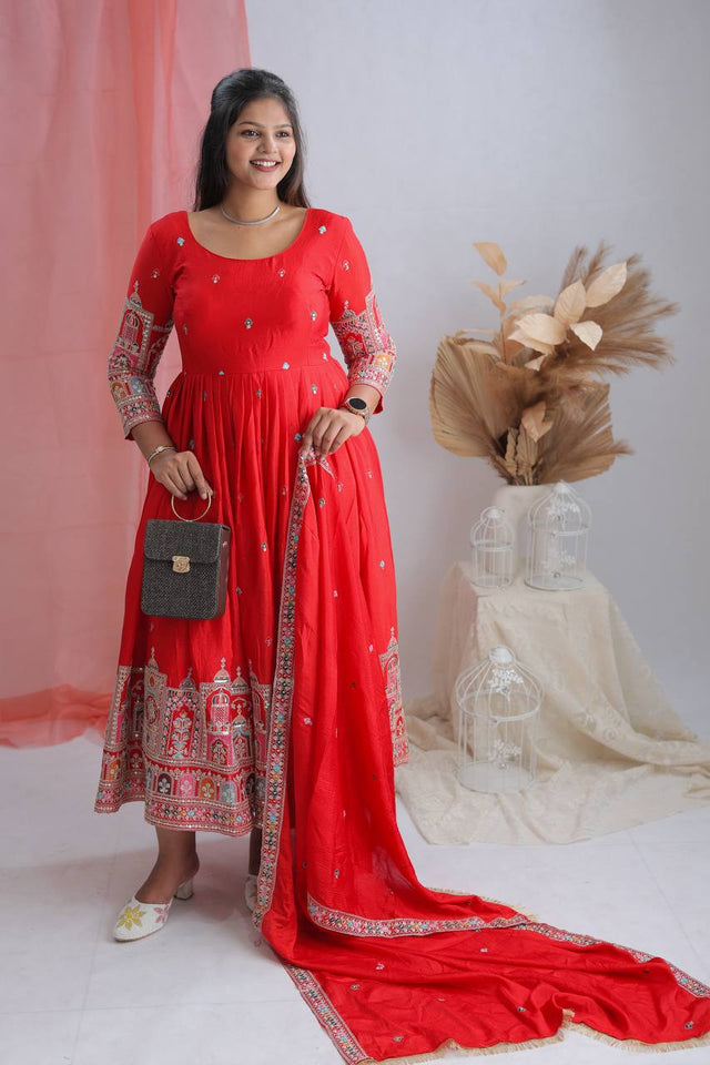 Presenting New Collection Heavy Pure Cinon Silk Gown -Pent  Dupatta Set Fully Stitched Ready To Wear