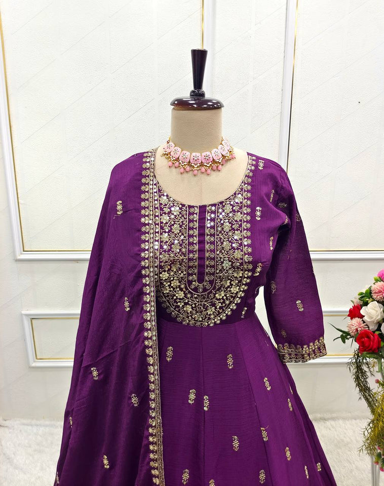 Presenting New Collection Heavy Chinon Silk Gown -Pent  Dupatta Set Fully Stitched Ready To Wear