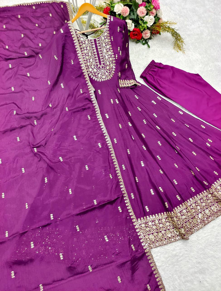 Presenting New Collection Heavy Chinon Silk Gown -Pent  Dupatta Set Fully Stitched Ready To Wear