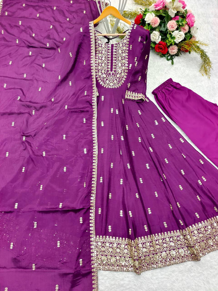 Presenting New Collection Heavy Chinon Silk Gown -Pent  Dupatta Set Fully Stitched Ready To Wear