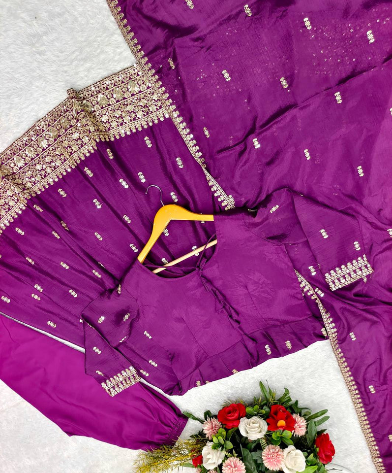 Presenting New Collection Heavy Chinon Silk Gown -Pent  Dupatta Set Fully Stitched Ready To Wear