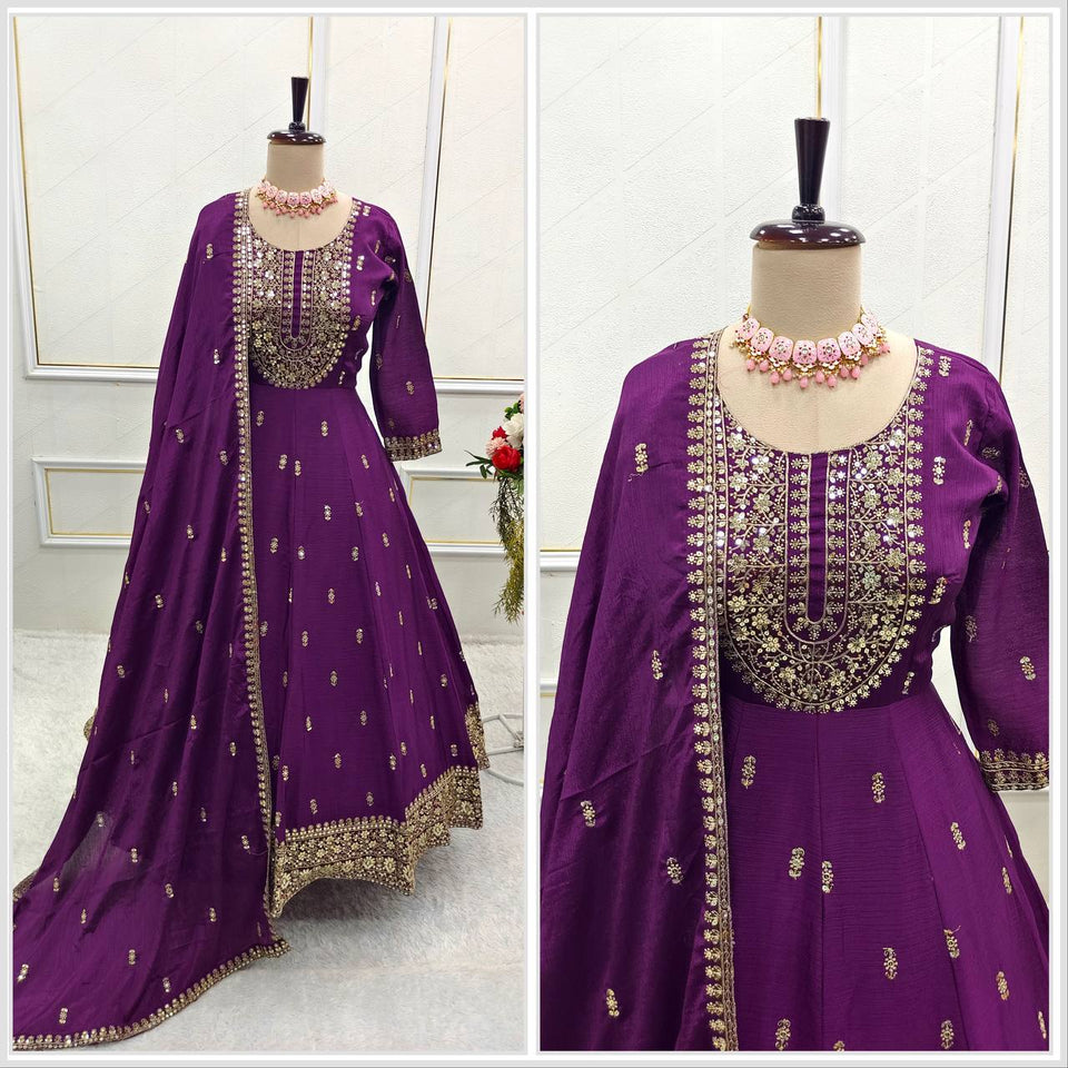 Presenting New Collection Heavy Chinon Silk Gown -Pent  Dupatta Set Fully Stitched Ready To Wear