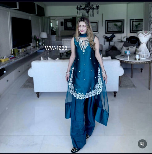 Presenting New Pure Natural Crep Satin Top&Farshi&Dupatta Set Fully Stitched Ready To Wear