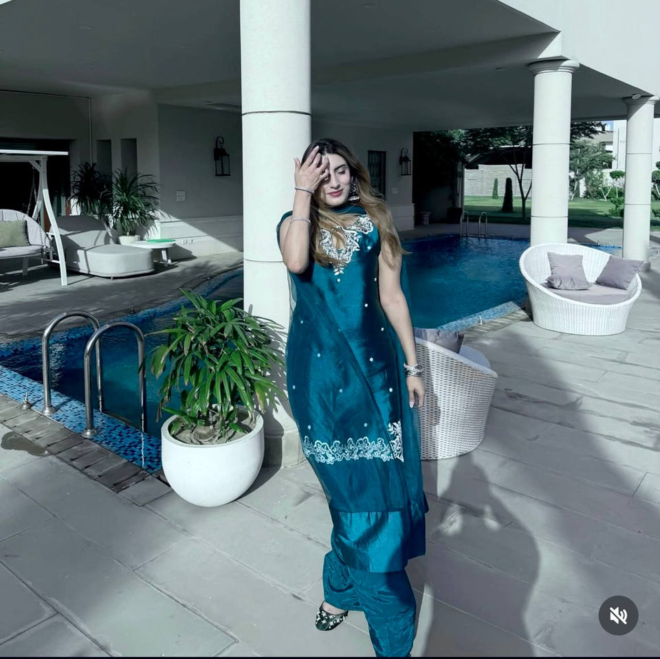 Presenting New Pure Natural Crep Satin Top&Farshi&Dupatta Set Fully Stitched Ready To Wear