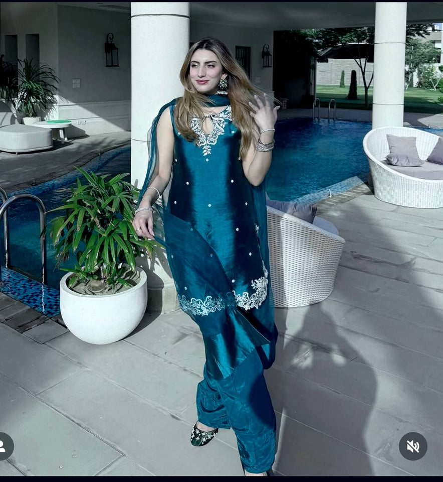 Presenting New Pure Natural Crep Satin Top&Farshi&Dupatta Set Fully Stitched Ready To Wear