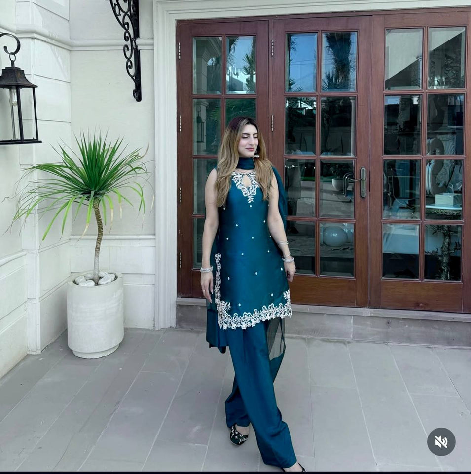 Presenting New Pure Natural Crep Satin Top&Farshi&Dupatta Set Fully Stitched Ready To Wear