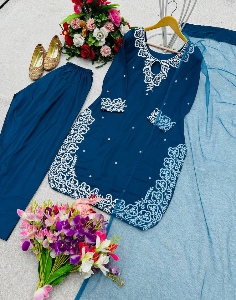 Presenting New Pure Natural Crep Satin Top&Farshi&Dupatta Set Fully Stitched Ready To Wear