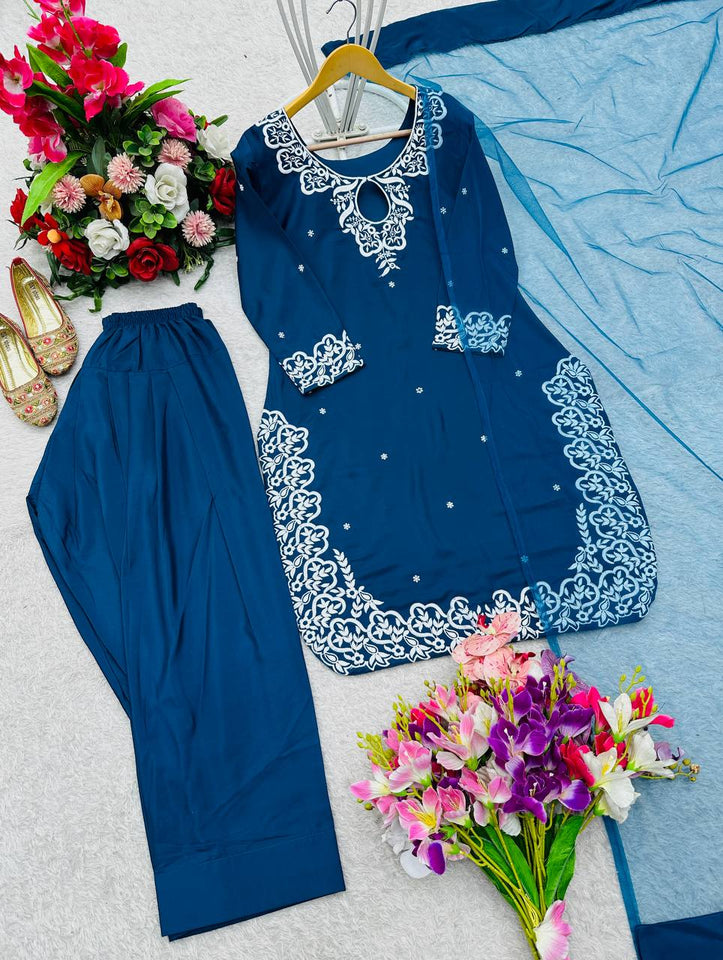 Presenting New Pure Natural Crep Satin Top&Farshi&Dupatta Set Fully Stitched Ready To Wear