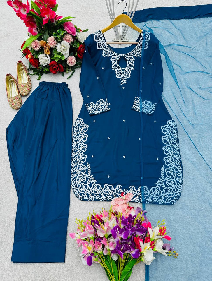 Presenting New Pure Natural Crep Satin Top&Farshi&Dupatta Set Fully Stitched Ready To Wear