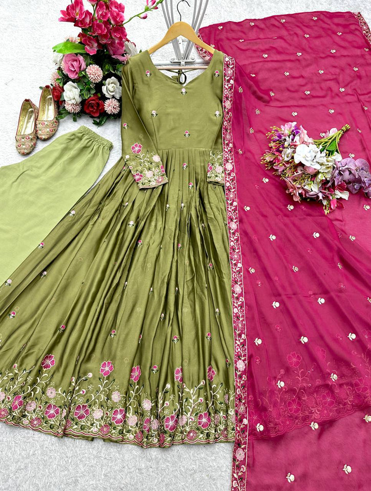 Presenting New Real Modling Pure Rangoli Silk Gown -Pent  Dupatta Set Fully Stitched Ready To Wear 🔥😍🥰*