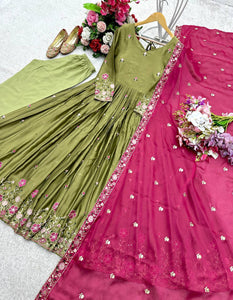 Presenting New Real Modling Pure Rangoli Silk Gown -Pent  Dupatta Set Fully Stitched Ready To Wear 🔥😍🥰*