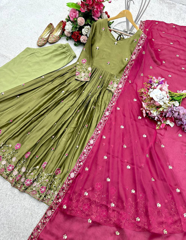 Presenting New Real Modling Pure Rangoli Silk Gown -Pent  Dupatta Set Fully Stitched Ready To Wear 🔥😍🥰*