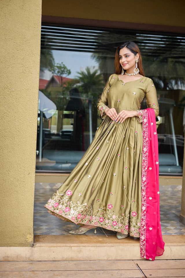 Presenting New Real Modling Pure Rangoli Silk Gown -Pent  Dupatta Set Fully Stitched Ready To Wear 🔥😍🥰*