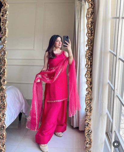 Presenting New Pure Natural Crep Satin Top&Farshi&Dupatta Set Fully Stitched Ready To Wear 🔥😍🥰*