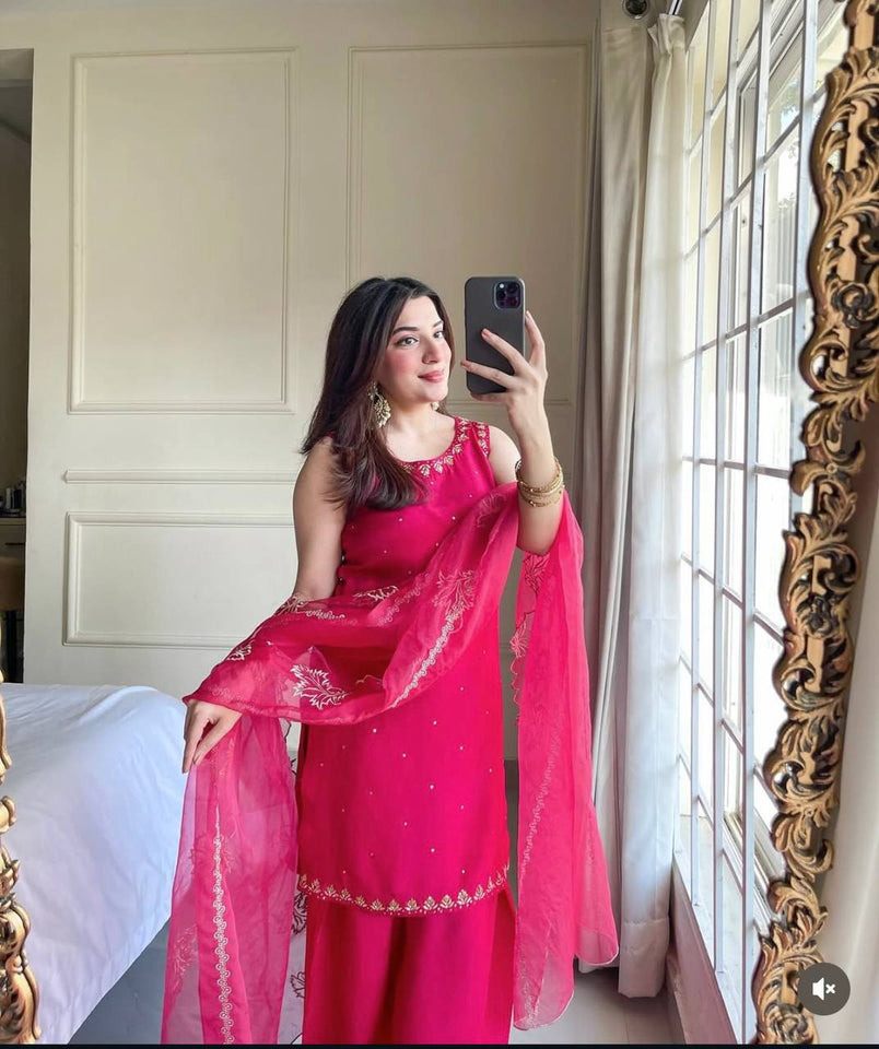 Presenting New Pure Natural Crep Satin Top&Farshi&Dupatta Set Fully Stitched Ready To Wear 🔥😍🥰*