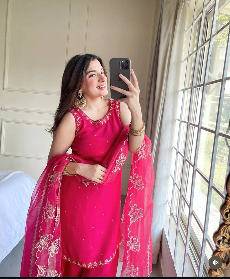 Presenting New Pure Natural Crep Satin Top&Farshi&Dupatta Set Fully Stitched Ready To Wear 🔥😍🥰*