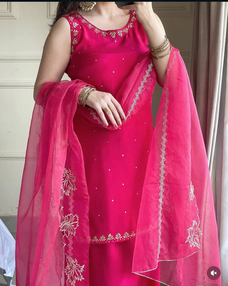 Presenting New Pure Natural Crep Satin Top&Farshi&Dupatta Set Fully Stitched Ready To Wear 🔥😍🥰*