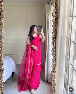 Presenting New Pure Natural Crep Satin Top&Farshi&Dupatta Set Fully Stitched Ready To Wear 🔥😍🥰*