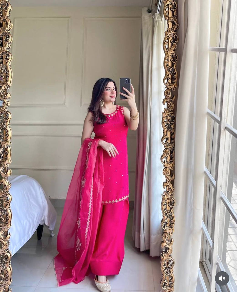 Presenting New Pure Natural Crep Satin Top&Farshi&Dupatta Set Fully Stitched Ready To Wear 🔥😍🥰*