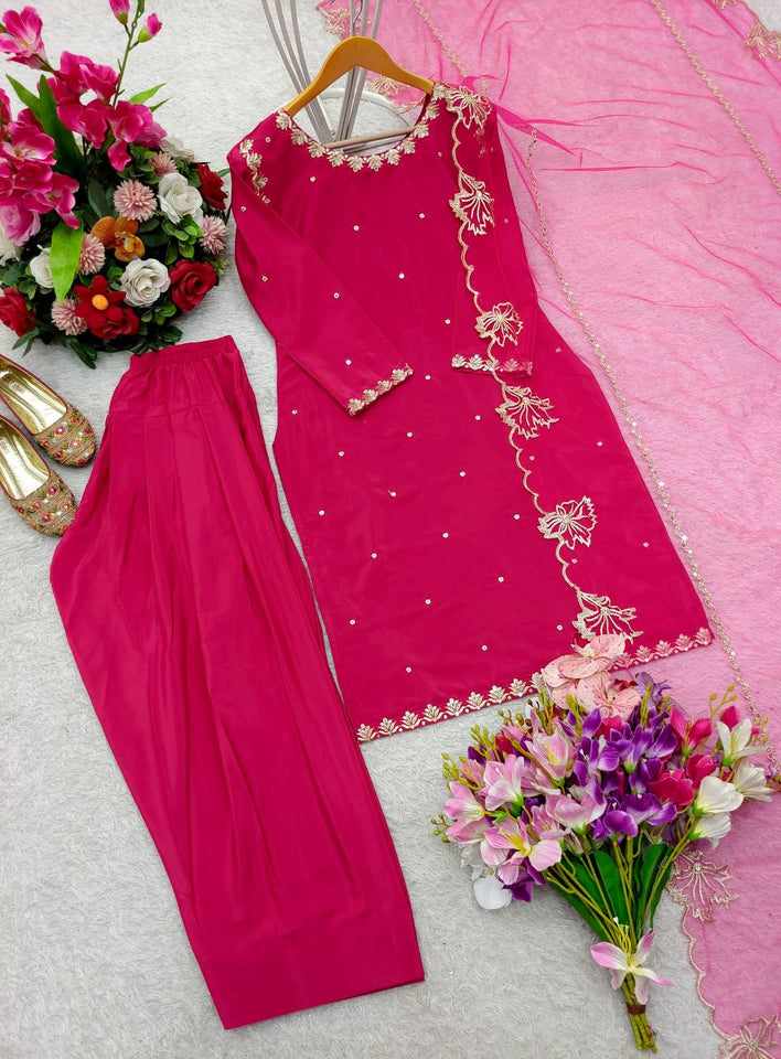 Presenting New Pure Natural Crep Satin Top&Farshi&Dupatta Set Fully Stitched Ready To Wear 🔥😍🥰*