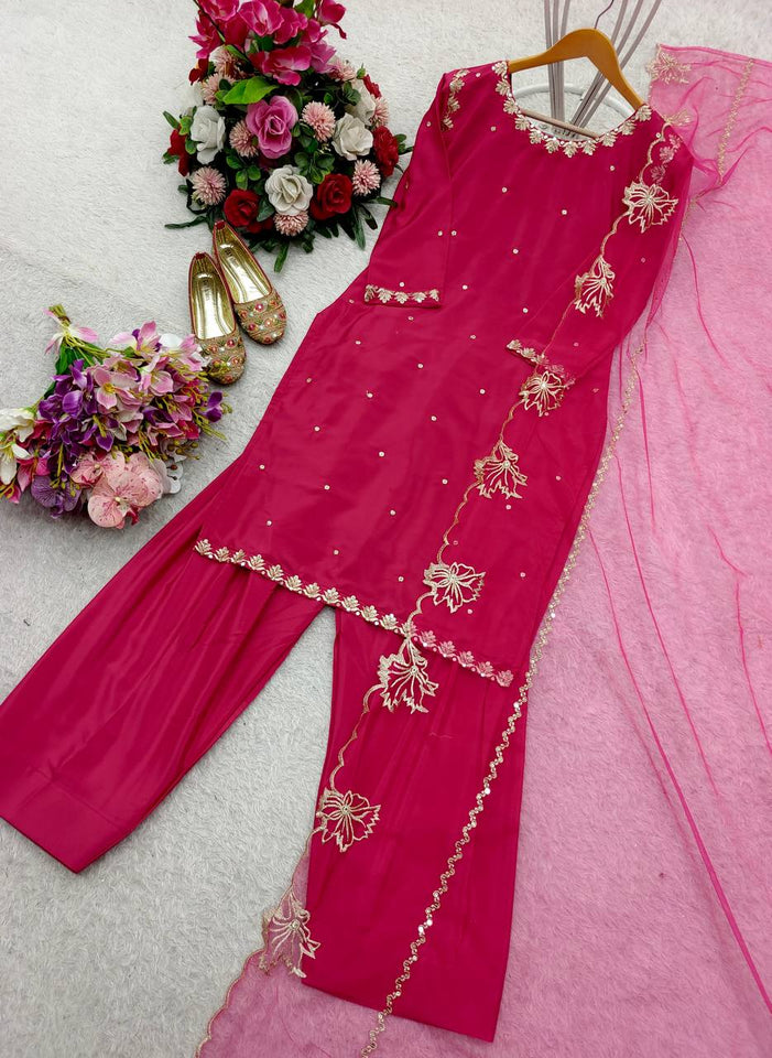 Presenting New Pure Natural Crep Satin Top&Farshi&Dupatta Set Fully Stitched Ready To Wear 🔥😍🥰*