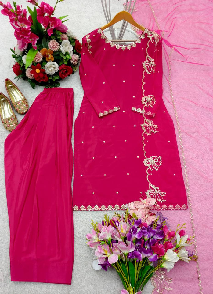 Presenting New Pure Natural Crep Satin Top&Farshi&Dupatta Set Fully Stitched Ready To Wear 🔥😍🥰*