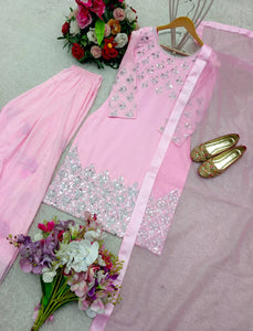 Presenting New Pure Natural Crep Satin Top&Farshi&Dupatta Set Fully Stitched Ready To Wear 🔥😍🥰*