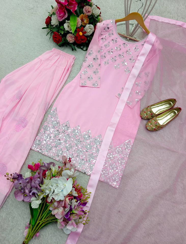 Presenting New Pure Natural Crep Satin Top&Farshi&Dupatta Set Fully Stitched Ready To Wear 🔥😍🥰*